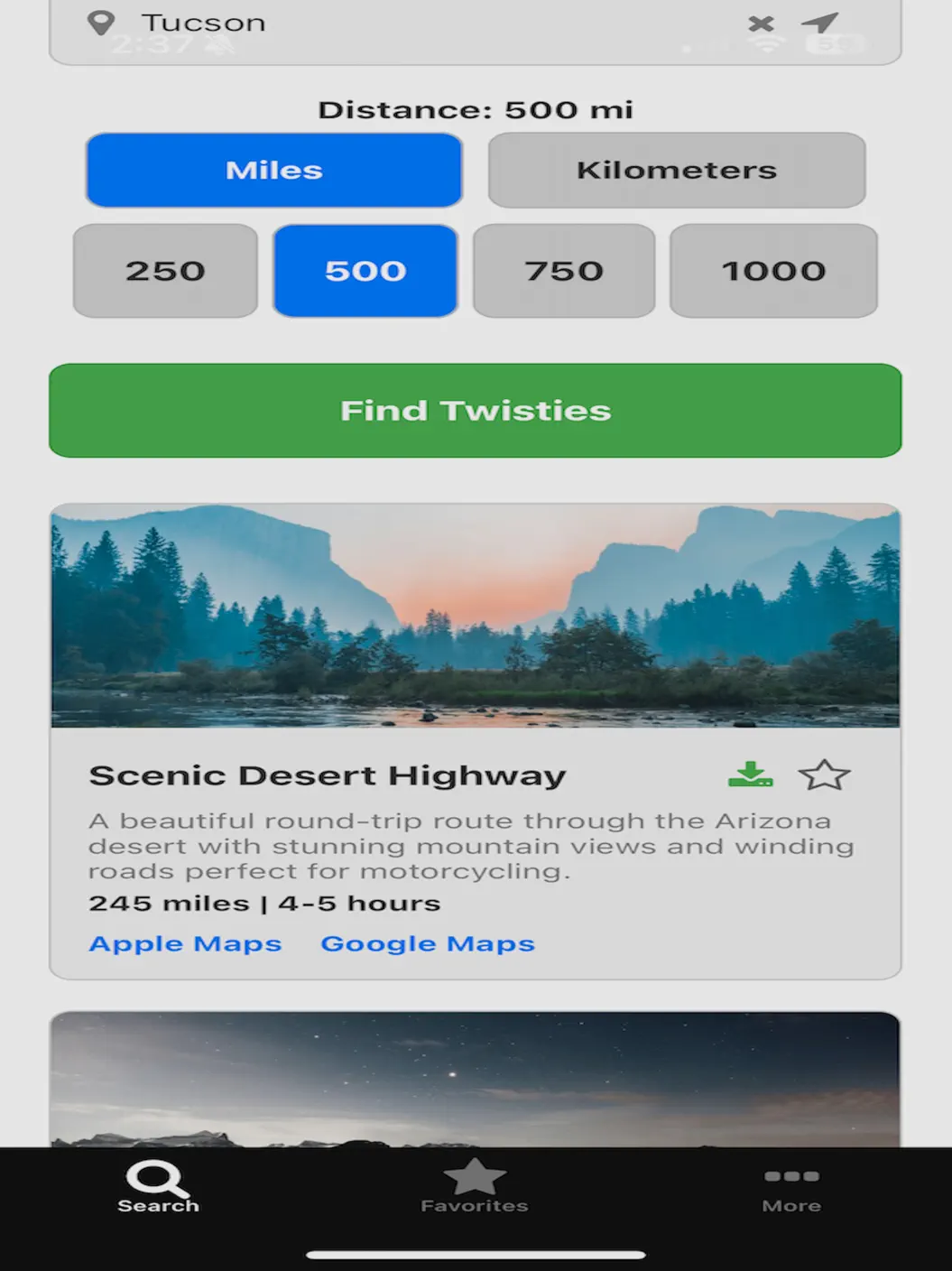 Twisties route card with download, favorite, and map links
