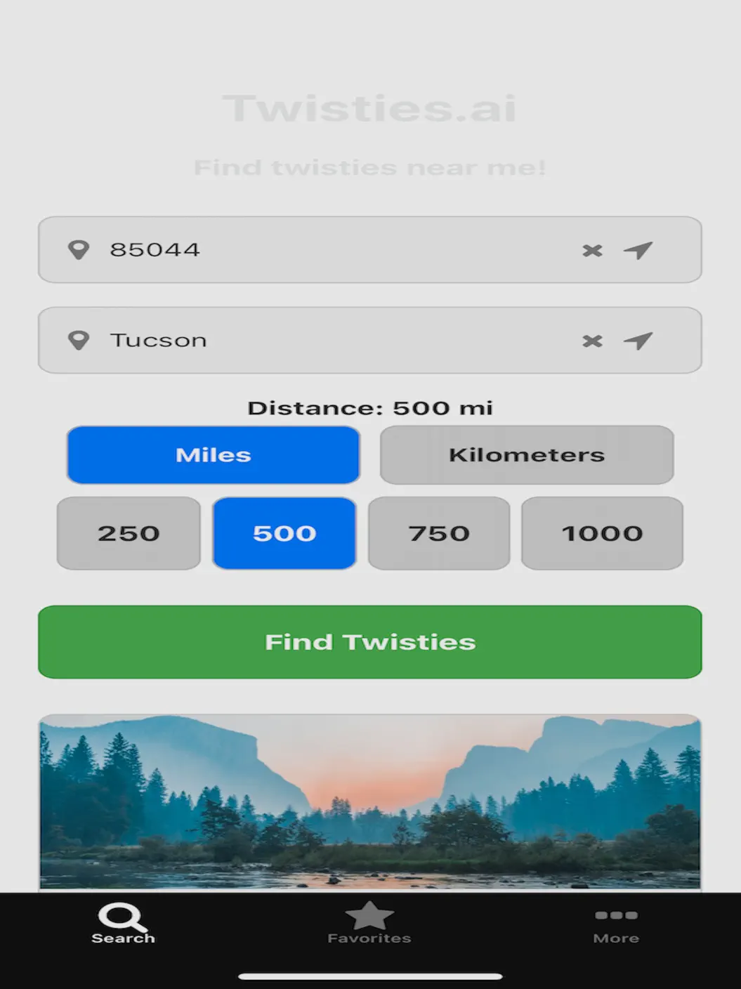 Twisties search on iPad with start, destination, and Find Twisties