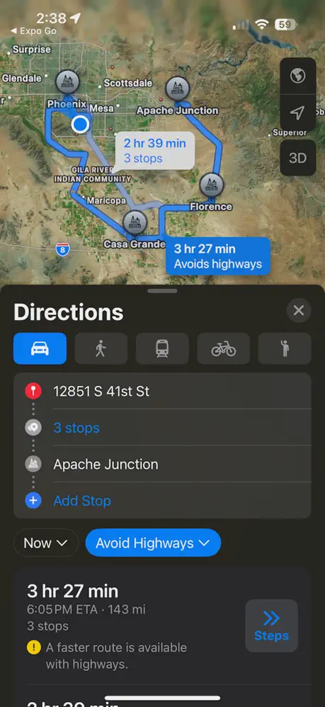A Twisties route opened in Apple Maps with avoid highways