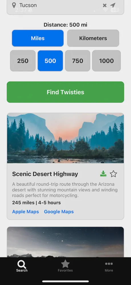 Twisties route results for Scenic Desert Highway
